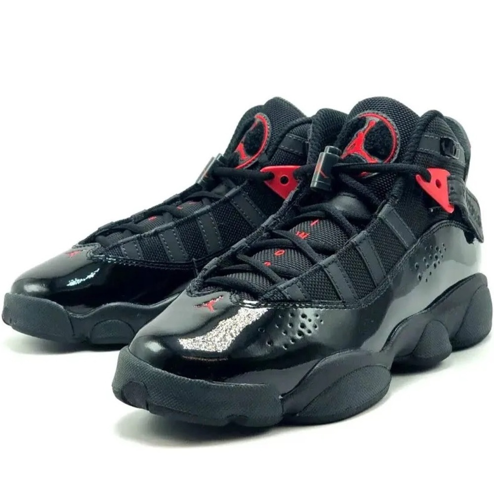 NEW—JORDAN 6 rings Boys Black/Fire Red Anthracite sneakers.  size 4C